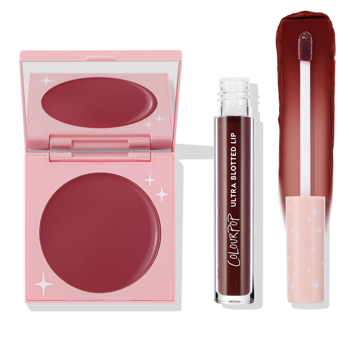 Blush n' Pout ColourPop Cheek & Lip Set displaying an open pink compact with deep rose cream blush and star accents beside an Ultra Blotted Lip tube with doe-foot and matching swatch, styled on a white background.