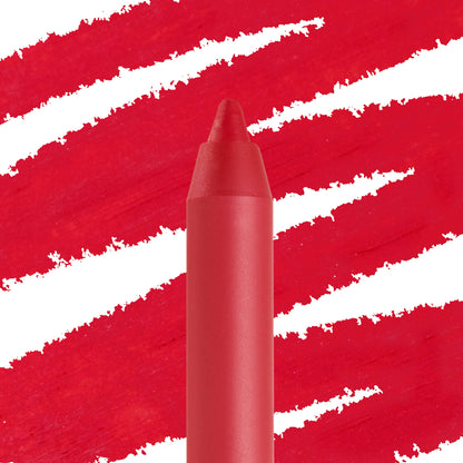 Bossy Lippie Pencil drawing bold true-red swatches, a ColourPop Lippie Pencil shown close-up with a sharp tip centered over a red-and-white streaked background for precise lip lining and vibrant color payoff.