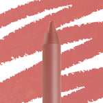 Brink ColourPop Lippie Pencil standing upright with a sharpened tip, creamy warm rosy nude shade, set against matching diagonal swatch strokes on a white backdrop for a close-up product detail.