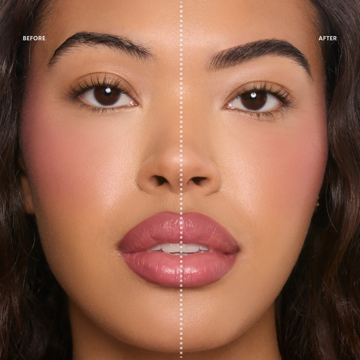 Close-up split-screen of a woman’s face showing before and after results of Clear Brow Boss Gel, with the left eyebrow natural and the right eyebrow lifted, fuller, and defined to highlight polished brow makeup results.