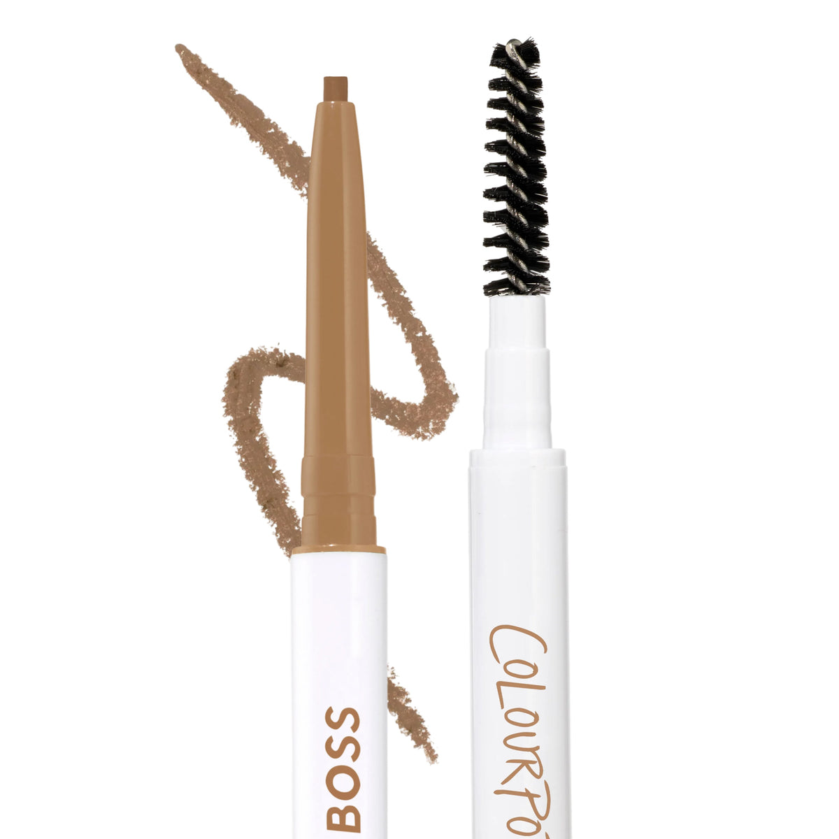 ColourPop Brow Boss Pencil in Blonde shade shown uncapped with a fine taupe brow makeup stroke and built-in spoolie brush on a white background, highlighting precise eyebrow defining and grooming in one dual-ended tool.