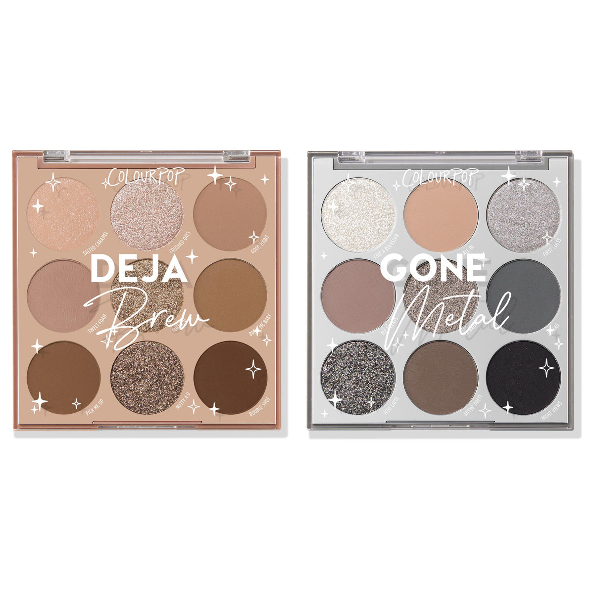 Brewtiful Neutrals ColourPop Shadow Palette Set showing two open 9-pan palettes - Deja Brew with warm matte and shimmer browns and Gone Metal with cool taupe, silver, gray, and black metallics - in tan and silver cases, side by side.