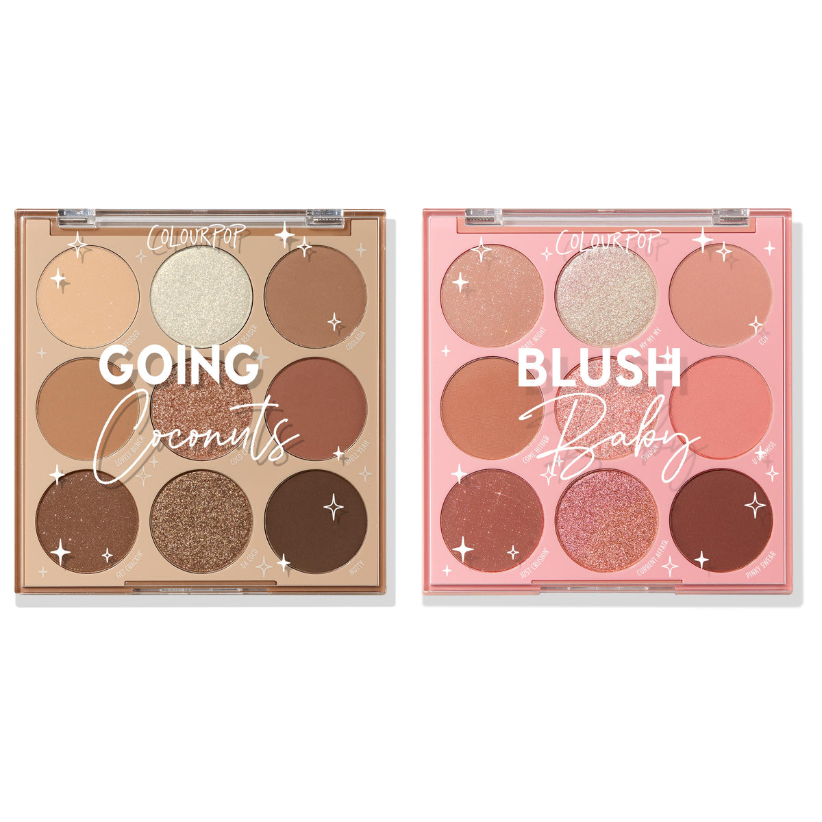 Two open 9-pan palettes display matte and shimmer shades - Going Coconuts in neutral browns and taupes and Blush Baby in rosy pinks - side by side in clear-lid compacts; Coconut BB by ColourPop Shadow Palette Set for everyday eye looks.