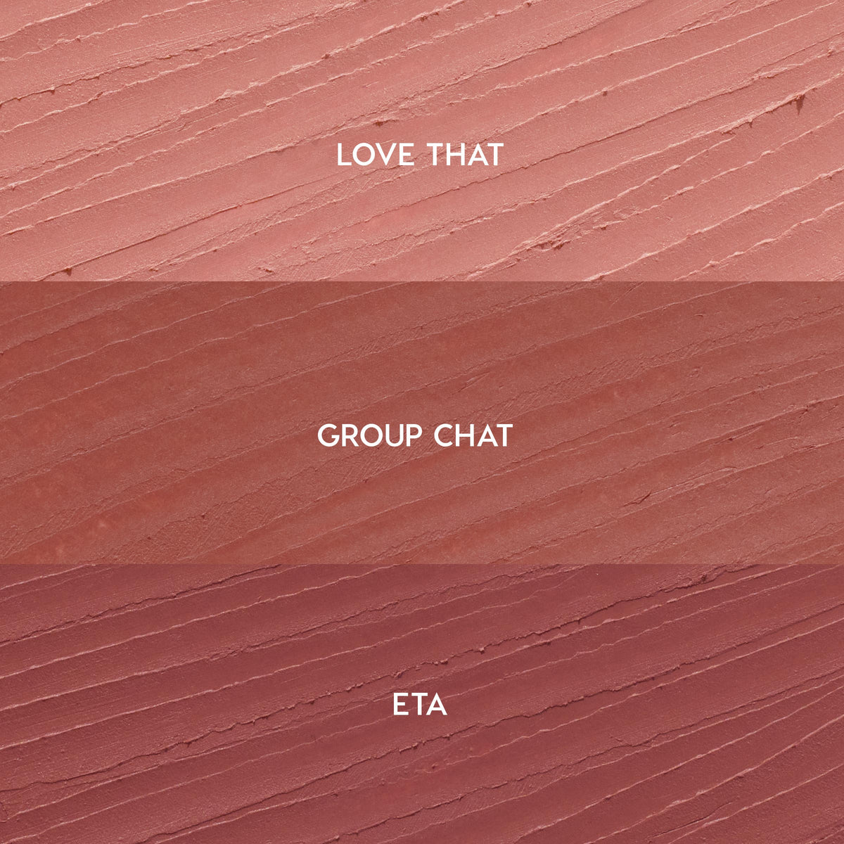 Creamy lip liner swatches show three shades for the Lips Don’t Lie ColourPop So Juicy Plumping Lip Liner Set - Love That (soft pink nude), Group Chat (warm rose), and ETA (mauve) - streaked in horizontal bands on a textured background.