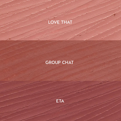 Creamy lip liner swatches show three shades for the Lips Don’t Lie ColourPop So Juicy Plumping Lip Liner Set - Love That (soft pink nude), Group Chat (warm rose), and ETA (mauve) - streaked in horizontal bands on a textured background.