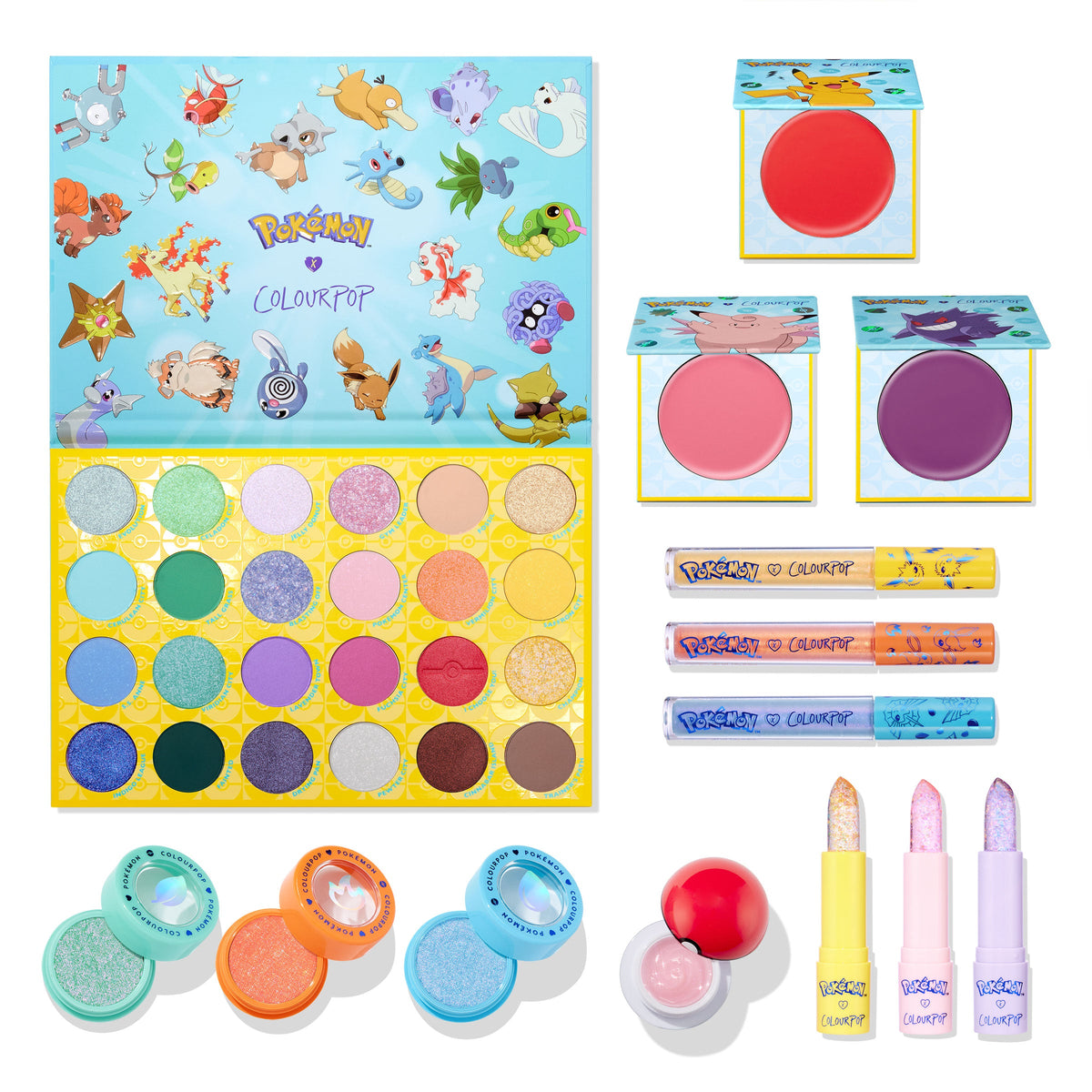 Pokémon x ColourPop Collection ColourPop Full Collection Set displays a 24-pan shimmer‑matte eyeshadow palette with Pokémon graphics, three blush compacts, three lip glosses, three Super Shock shadows, a Poké Ball lip balm, and three glitter lipsticks on white.