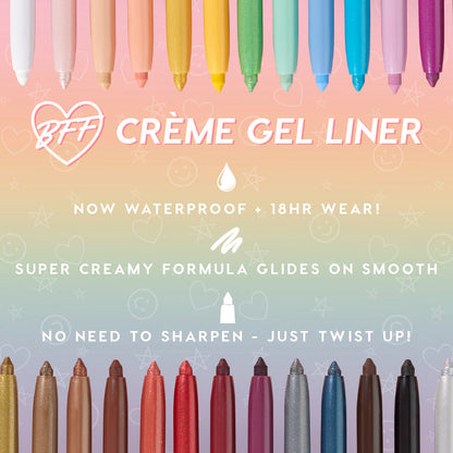 Aglow ColourPop Crème Gel Liner displayed in the BFF lineup, pencils uncapped to reveal a rainbow of shades on a pastel gradient background, highlighting waterproof 18‑hour wear, super‑creamy glide, and a twist‑up, no‑sharpen design.