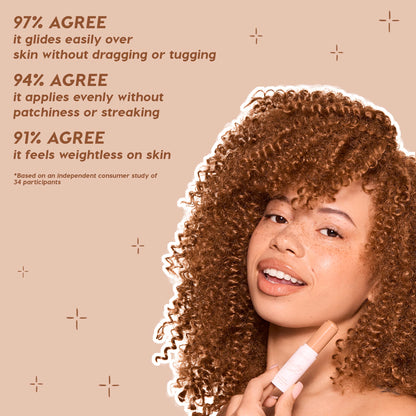ColourPop Pretty Fresh Tinted Foundation Balm in Fair 4 held by a smiling model near her face, a nude‑capped balm stick, set on a tan backdrop with callouts of smooth, even, weightless wear from an independent 34‑participant study.