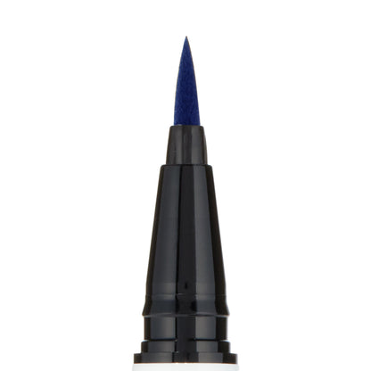 ColourPop BFF Liquid Liner, shade Crzy, showing a precise felt-tip applicator saturated with bold electric-blue pigment, macro close-up on a white background for crisp lines and winged eyeliner control.