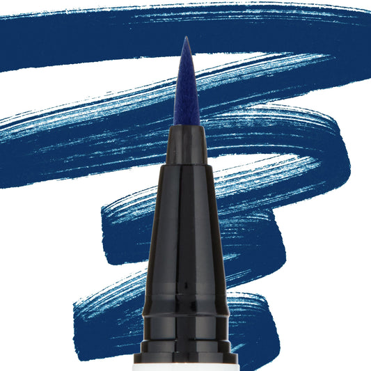Felt-tip applicator depositing bold navy pigment, ColourPop BFF Liquid Liner in Crzy shown in macro close-up on white, with sweeping cobalt-blue swatches behind highlighting the precise black pen tip and color payoff.