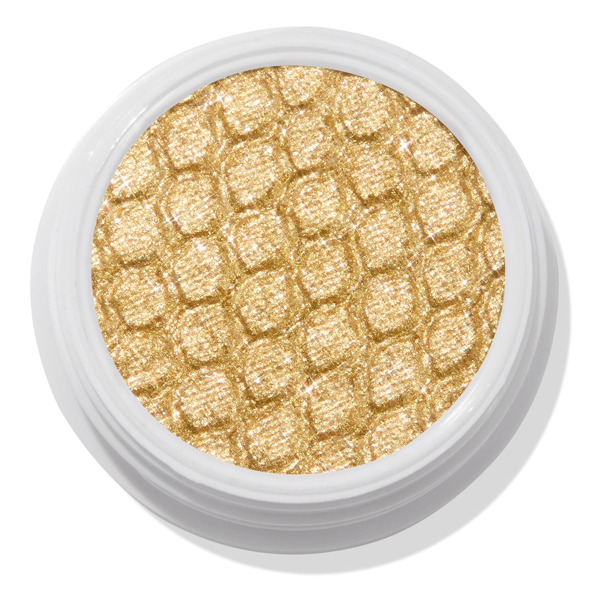 ColourPop Cheap Date Super Shock Shadow, a metallic warm gold shimmer eyeshadow with a honeycomb-embossed texture, sparkling in a round white pot viewed top-down on a white background.