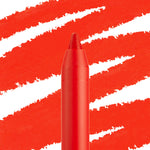 ColourPop Lippie Pencil in Chi Chi draws bold orange-red swatches, its creamy sharpenable tip shown in macro against a white background, showcasing precise lip liner control and vibrant matte color for long wear.