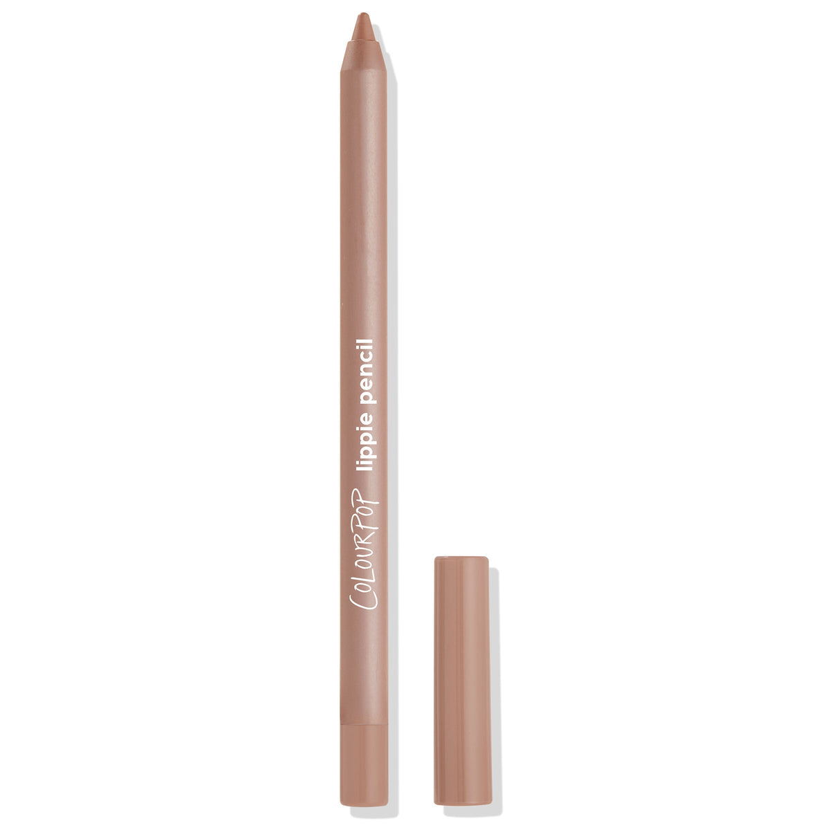 Cool BFF ColourPop Lippie Pencil lip liner uncapped, revealing a sharpened cool-toned nude tip; taupe barrel with white “COLOURPOP lippie pencil” text, cap set beside it on a white studio background.