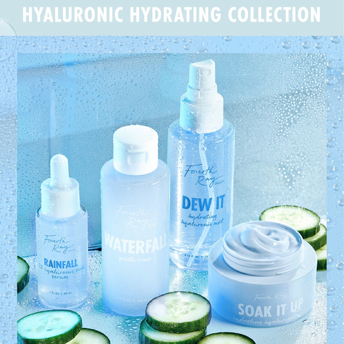 Waterfall Gentle Tonic ColourPop Face Toner stands upright in a frosted blue flip-cap bottle beaded with condensation, surrounded by cucumber slices and Fourth Ray hyaluronic products for a dewy, hydrating skincare lineup.