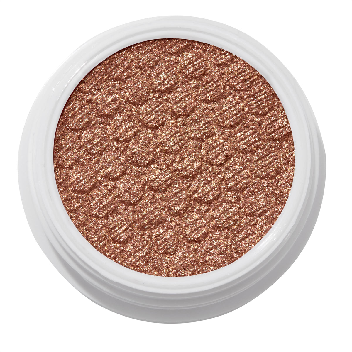 ColourPop DGAF Super Shock Shadow catching light, a warm copper-bronze shimmer with fine gold glitter and a dimpled, bouncy texture, shown close-up in a white round pot on a clean studio background.