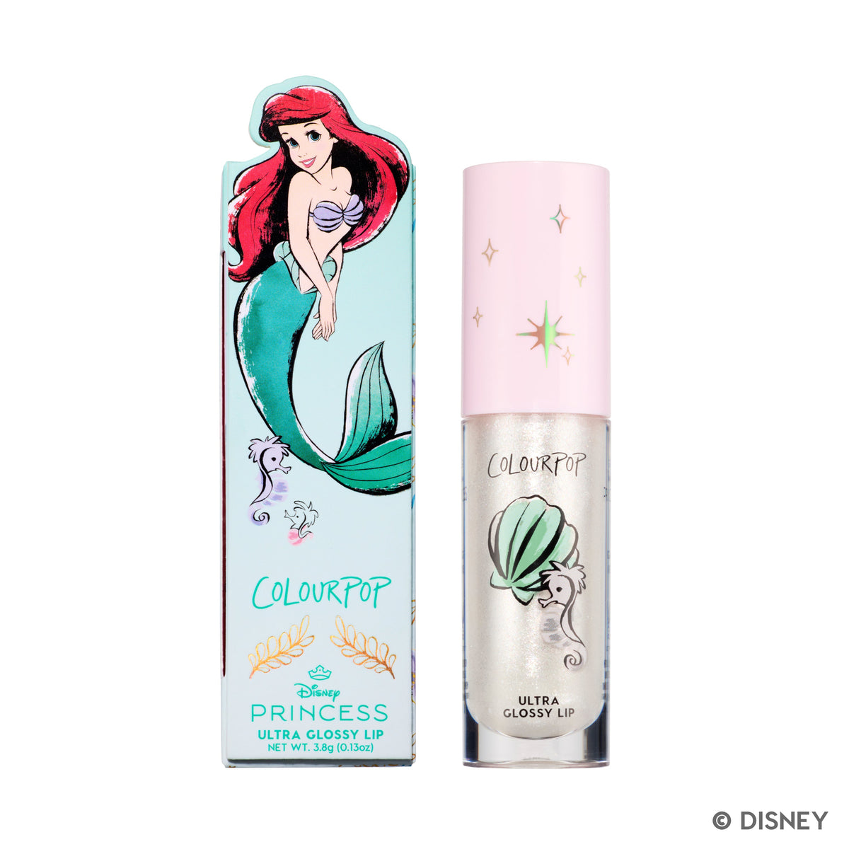 ColourPop Bright Ariel Ultra Glossy Lip tube standing beside its Disney Princess box, featuring Ariel artwork, pastel pink cap with stars, and shimmering pearlescent gloss for lips on a clean white background.