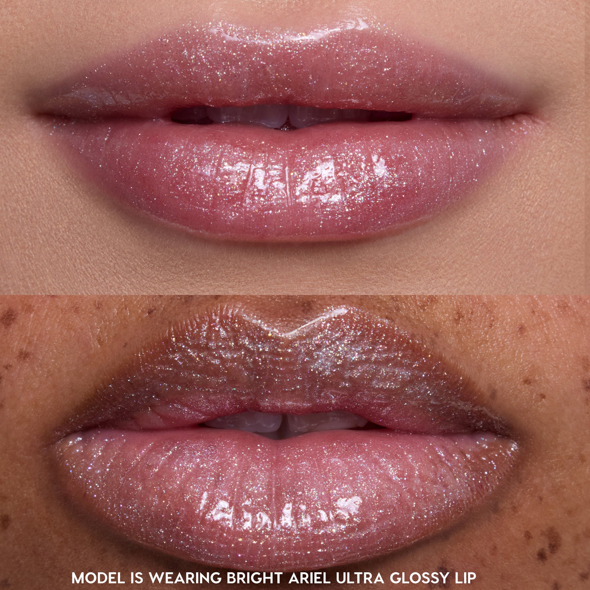 Two close-up shots of models’ lips wearing Princess Pout full collection set, showcasing sheer pink, ultra glossy Disney Princess lip gloss with fine shimmer on different skin tones against a neutral background.