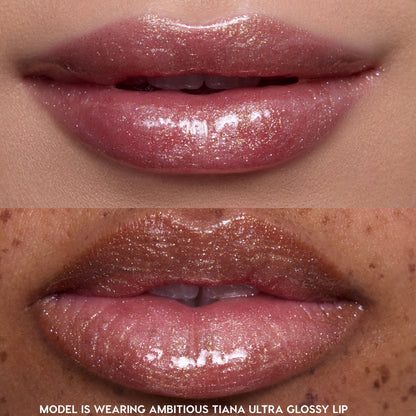 Close-up of two models’ lips wearing Princess Pout full collection set, showcasing sheer pink Disney Princess ultra glossy lip color with multidimensional gold shimmer on smooth, hydrated lips against bare skin.