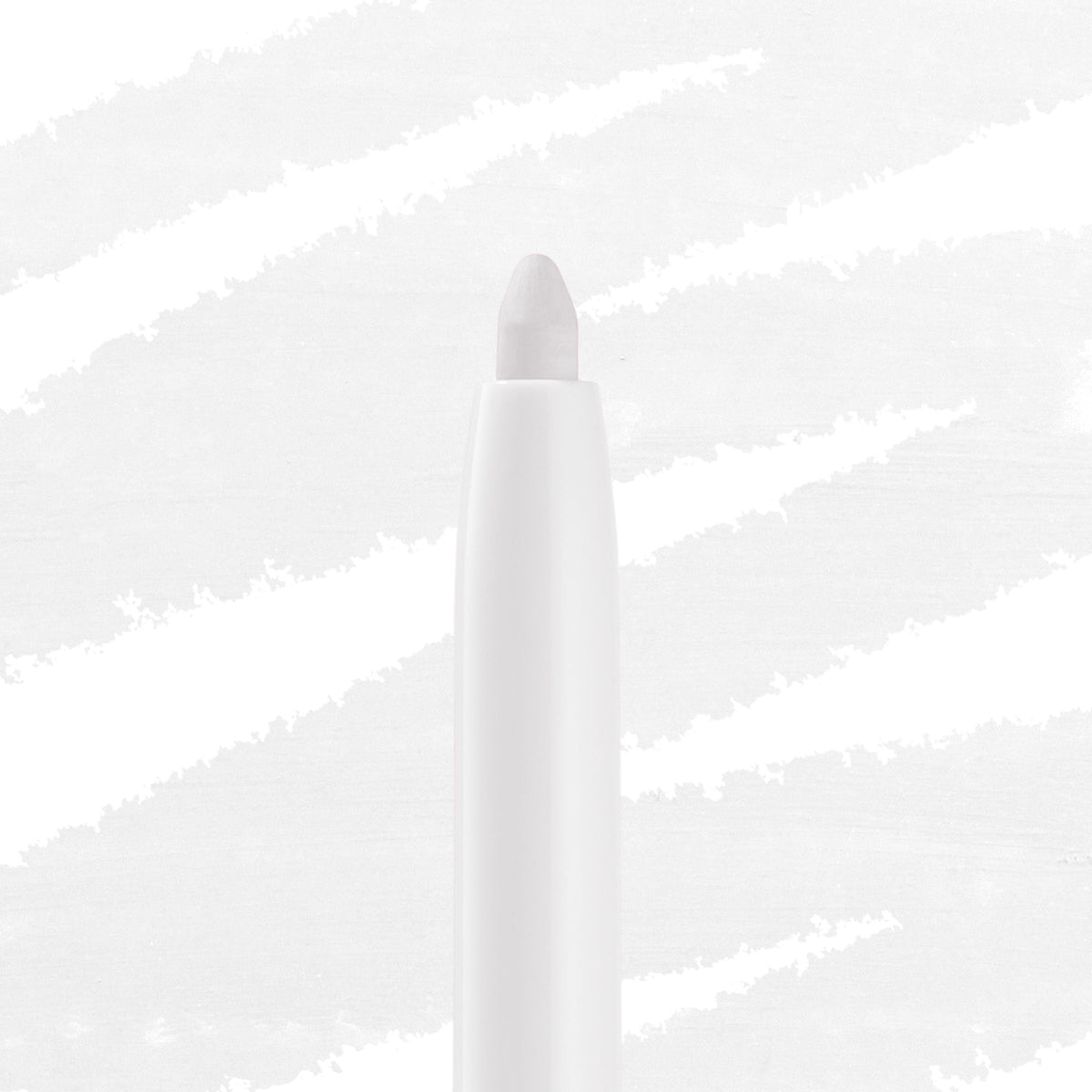 White twist-up eyeliner tip extends from a sleek white barrel, ColourPop Crème Gel Liner in Exit shade, shown close-up against a light streaked background.