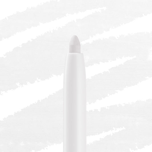White twist-up eyeliner tip extends from a sleek white barrel, ColourPop Crème Gel Liner in Exit shade, shown close-up against a light streaked background.