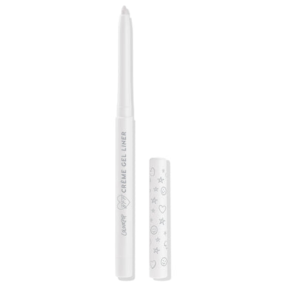 ColourPop Crème Gel Liner in Exit, a retractable white eyeliner pencil, stands open with the twist-up tip exposed while the doodled cap with grey hearts, stars, and smiley faces rests beside it on a clean white background.