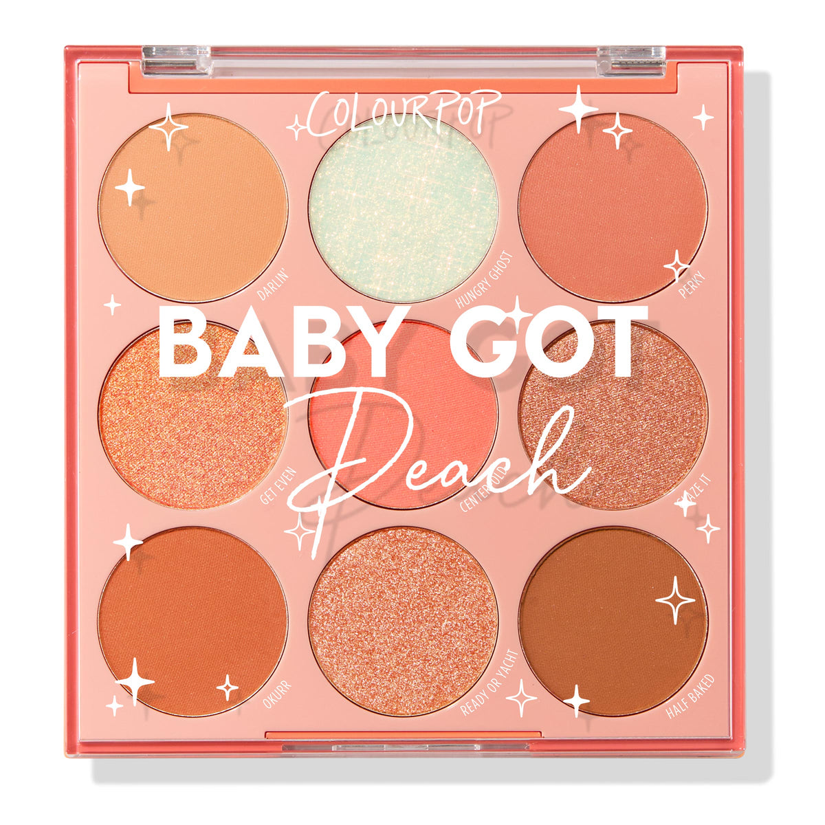 Baby Got Peach ColourPop Shadow Palette showcasing nine warm-toned pans - peach, coral, copper, champagne, terracotta, and a mint sparkle - in matte and shimmer finishes, arranged 3x3 in a peach compact with clear lid for soft glam eye looks.