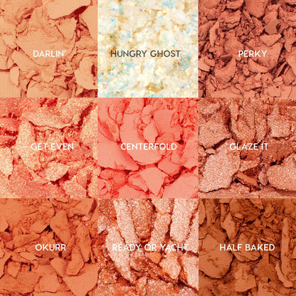 Baby Got Peach ColourPop Shadow Palette swatches displayed as crushed shadows in a 3x3 grid, showcasing peach and copper mattes and shimmers: Darlin’, Hungry Ghost, Perky, Get Even, Centerfold, Glaze It, Okurr, Ready or Yacht, Half Baked.