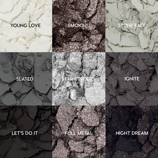 ColourPop Blowin' Smoke shadow palette showcases nine cool-toned pans - Young Love, Smokin', Stone Face, Slated, Star Struck, Ignite, Let's Do It, Full Metal, Night Dream - crushed and textured in a 3x3 grid of matte, metallic, and glitter grays to black.