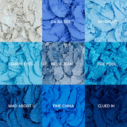 Blue Moon ColourPop Shadow Palette - nine crushed blue eyeshadow pans in a 3x3 grid - showcasing matte, metallic, and glitter finishes; shades labeled Lumi, Da Ba Dee, Moonlite, Starry Eyed, Billie Jean, Tide Pool, Mad About U, Fine China, Clued In.