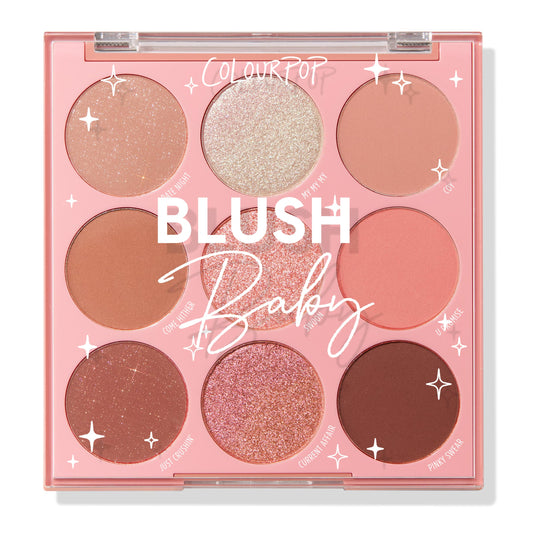Blush Baby ColourPop Shadow Palette displaying nine pans in a pink compact, featuring warm neutrals with peach and coral mattes plus champagne, rose, and bronze shimmer and glitter shades, under a clear ColourPop-branded lid with star accents.