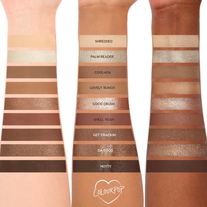 Going Coconuts ColourPop Shadow Palette swatched on three arms - light, medium, and deep skin - showing nine neutral mattes and shimmers: Shredded, Palm Reader, Coolada, Lovely Bunch, Coco Crush, Shell Yeah, Get Crackin’, Da Coco, Nutty.
