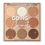 ColourPop Going Coconuts shadow palette showcases nine neutral shades - matte and shimmer beige, copper, gold, and deep brown - under a clear lid with star accents, set in a tan compact on a white background; an everyday ColourPop Shadow Palette.