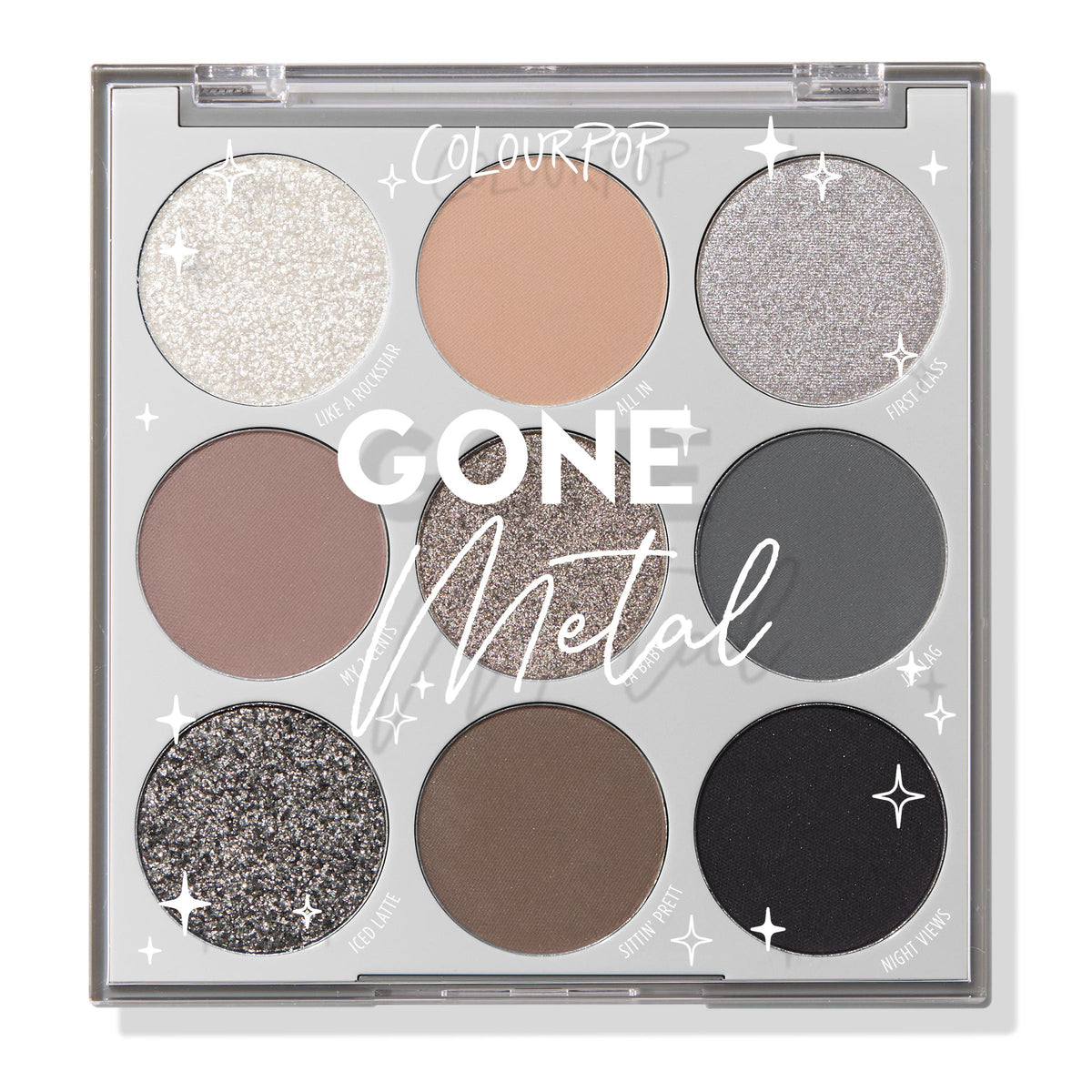 ColourPop Gone Metal shadow palette, a 9-pan ColourPop Shadow Palette, displays cool-toned neutrals from sparkling silver to matte taupe, charcoal, and black in matte, shimmer, and glitter finishes inside a square gray compact with star accents.