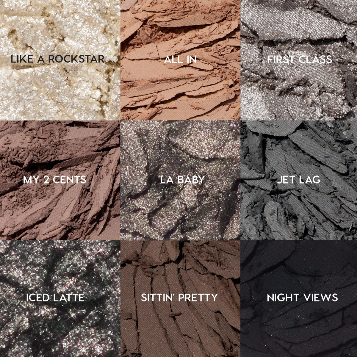 Gone Metal ColourPop Shadow Palette showcasing nine crushed shades in a grid - Like a Rockstar, All In, First Class, My 2 Cents, LA Baby, Jet Lag, Iced Latte, Sittin’ Pretty, Night Views - spanning champagne glitter to matte taupe, gunmetal, and black.