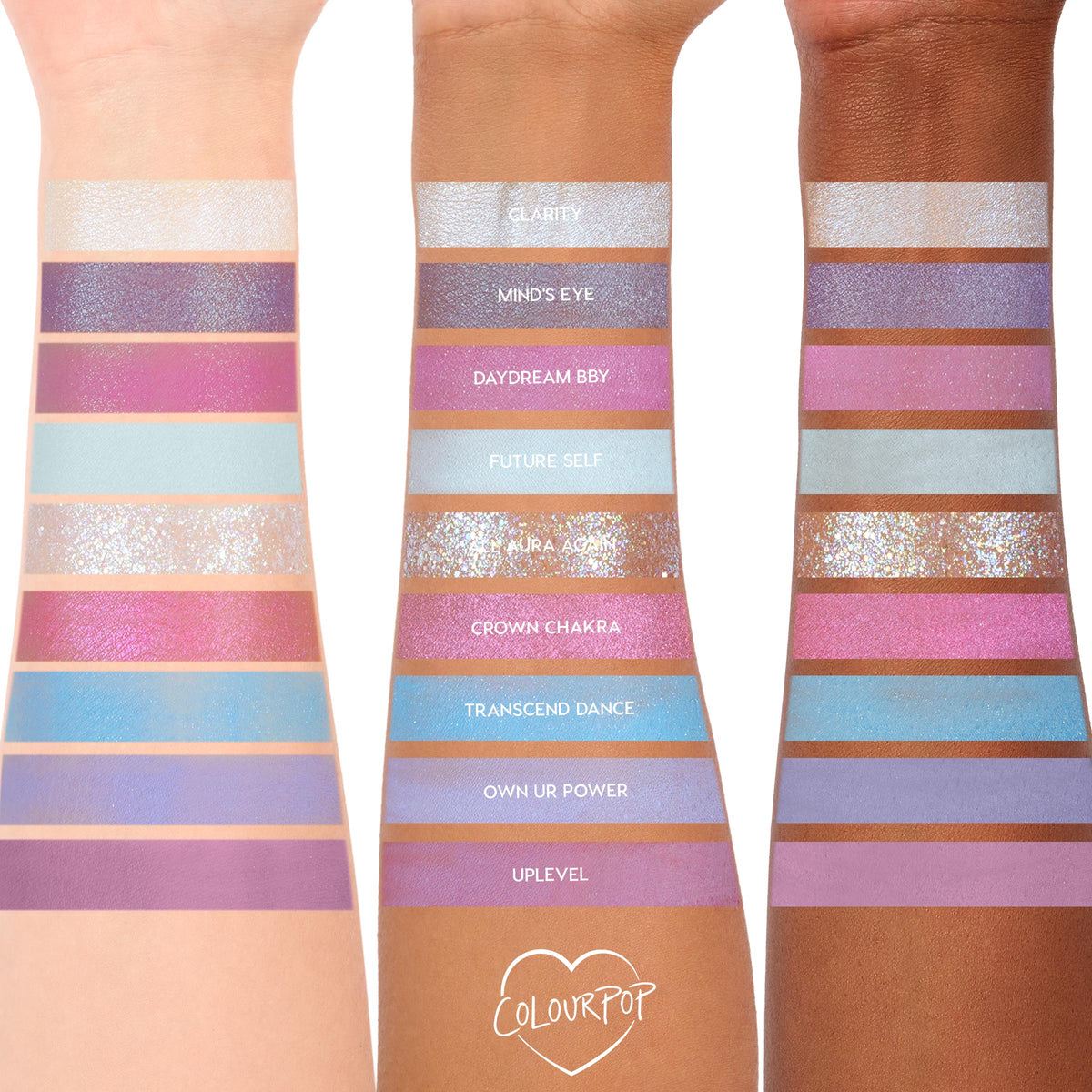 ColourPop In A Trance shadow palette swatches spanning three arms, showcasing pastel purples, pinks, and icy blues in matte, shimmer, and glitter finishes; shade names like Clarity, Mind’s Eye, Daydream BBY, Future Self, and Aura Again visible.
