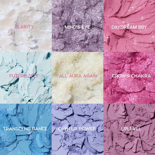 Colourpop In A Trance shadow palette macro showing nine crushed pastel and glitter pans labeled Clarity, Mind’s Eye, Daydream BBY, Future Self, All Aura Again, Crown Chakra, Transcend Dance, Own Ur Power, and Uplevel in dreamy cool tones for US makeup lovers searching Shadow Palettes.