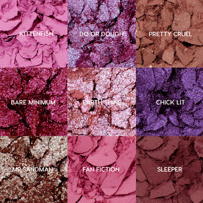 ColourPop Shadow Palette It's My Pleasure showcasing nine crushed pans in pinks and purples - Kittenfish, Do or Dough, Pretty Cruel, Bare Minimum, Earth Shine, Chick Lit, Mr Sandman, Fan Fiction, and Sleeper - matte, metallic, and glitter finishes in a 3x3 grid.