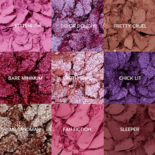 ColourPop Shadow Palette It's My Pleasure showcasing nine crushed pans in pinks and purples - Kittenfish, Do or Dough, Pretty Cruel, Bare Minimum, Earth Shine, Chick Lit, Mr Sandman, Fan Fiction, and Sleeper - matte, metallic, and glitter finishes in a 3x3 grid.