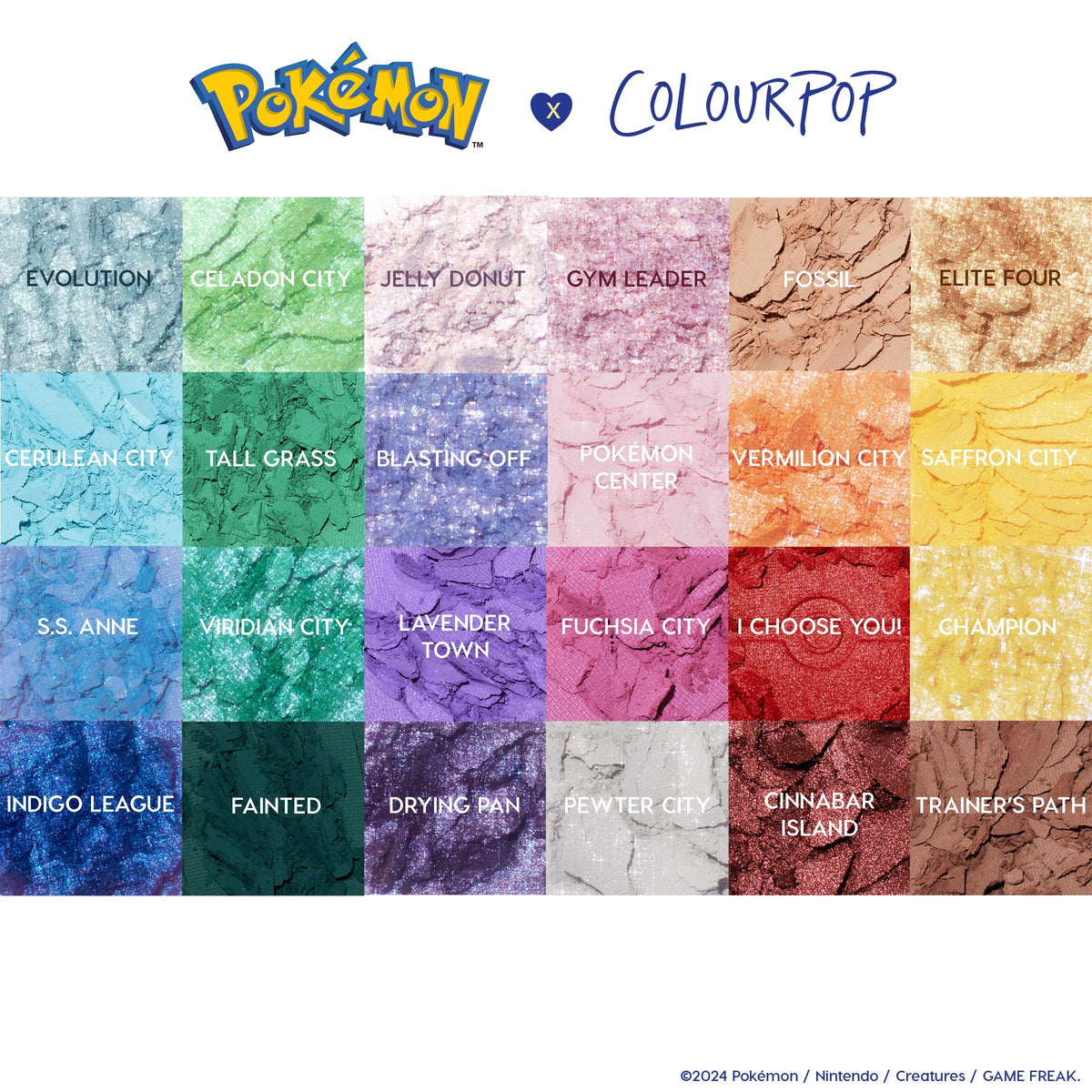 Pallet Town ColourPop Shadow Palette displays 24 crushed eyeshadows labeled in a grid - teals, purples, blues, corals, reds, golds, and neutrals - with shimmer and matte finishes, under Pokémon × ColourPop branding at the top.