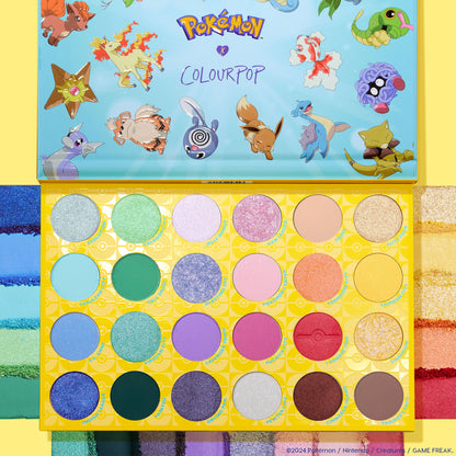 Pallet Town ColourPop Shadow Palette opens to 24 circular pans - icy mint, sky blue, teal, lilac, pink, gold, and deep brown - across matte, shimmer, and glitter finishes, displayed with swatches; Pokémon-themed lid and bright yellow tray.