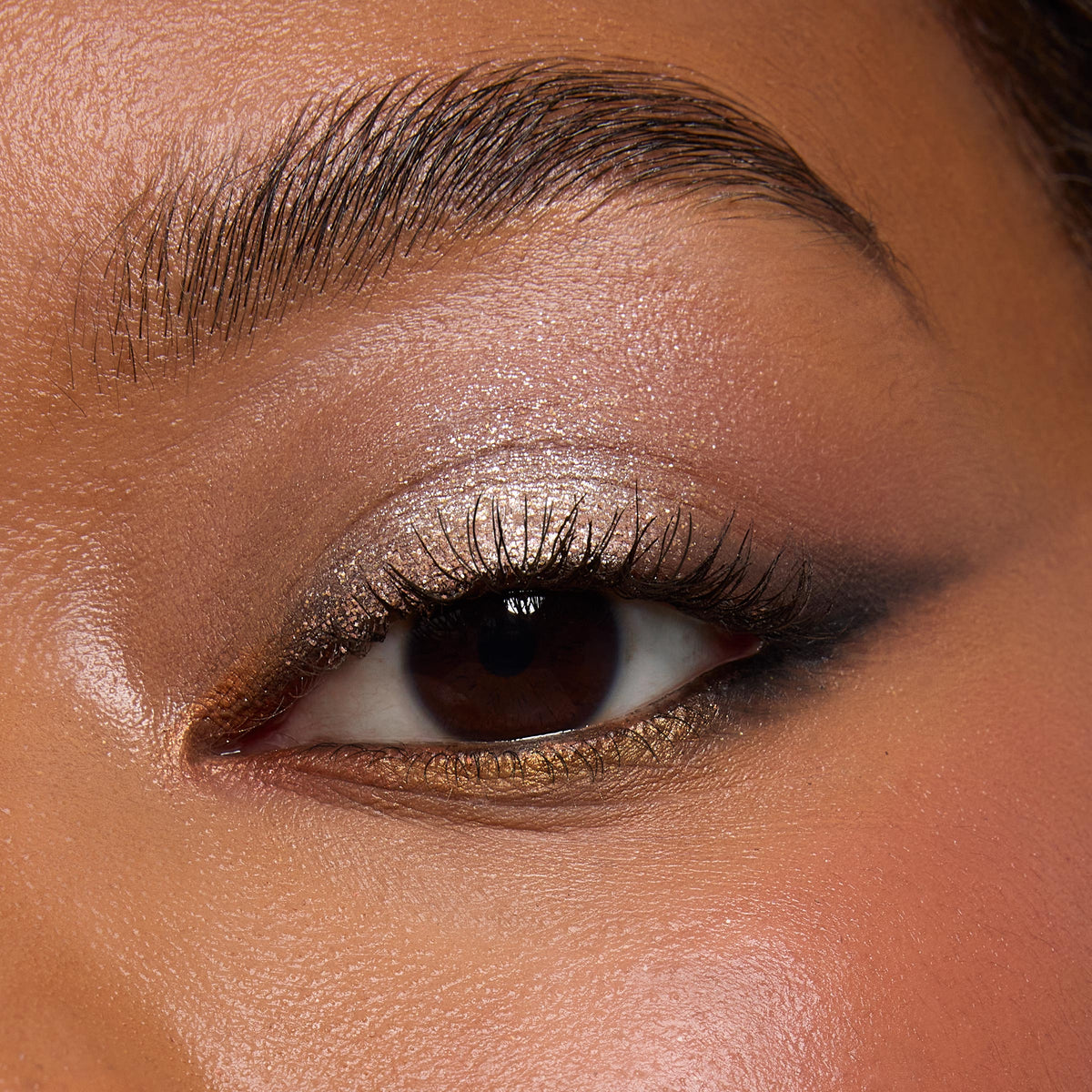Metallic eye makeup featuring a shimmery champagne lid, bronze crease, smoky outer corner, and gold lower lash line, created with the ColourPop Precious Metals Shadow Palette; close-up showcases pigment, shimmer, and defined lashes.