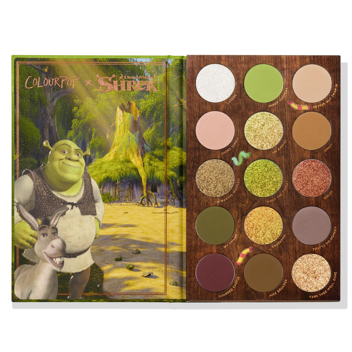 Beware Ogre ColourPop Shadow Palette open, displaying a 3x5 grid of 15 circular shades in swampy greens, golds, browns, and mauves with matte and shimmer finishes in a wood-look tray, beside Shrek and Donkey swamp artwork.
