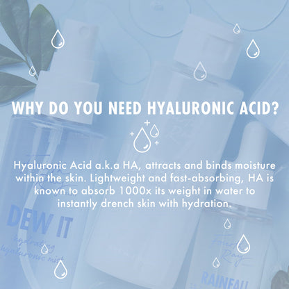 Rainfall 2% HA Serum hydrating dropper bottle by Fourth Ray Beauty sits among dewy mist bottles on a blue-toned banner with water droplet graphics, promoting hyaluronic acid benefits; lightweight, fast-absorbing ColourPop Face Serum for deep hydration.
