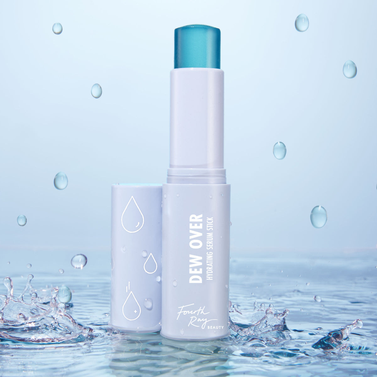 Dew Over Hydrating Serum Stick stands uncapped with a teal balm bullet, splashing in water droplets; pastel gray tube shows droplet icons and Fourth Ray Beauty logo for a dewy, fresh finish - ColourPop Serum Stick for on‑the‑go hydration.
