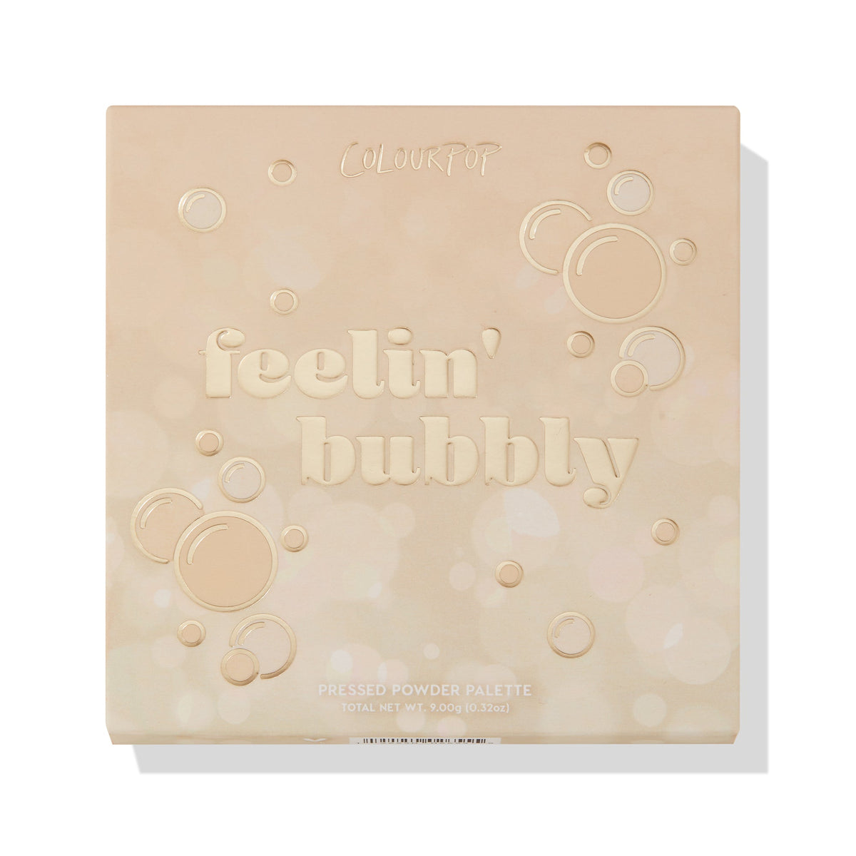 ColourPop Feelin’ Bubbly Shadow Palette shown closed, champagne-beige compact with embossed bubbles and raised “feelin’ bubbly” text; pressed powder palette 9.00g (0.32oz) on a clean white studio background.
