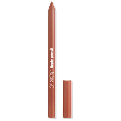 ColourPop Lippie Pencil Field Day lip liner in warm terracotta, shown uncapped with pointed tip and matching cap beside it on a white background, highlighting the slim, creamy, long-wear pencil for precise lip lining.
