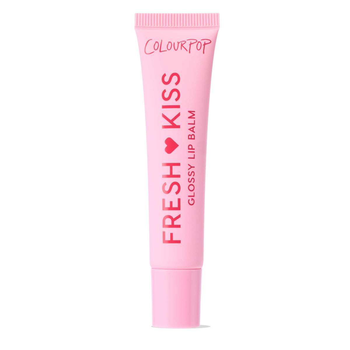 ColourPop Fresh Kiss Glossy Lip Balm standing upright on a white background, a pink squeeze tube with red lettering and heart icon, cap closed, front label reading Fresh Kiss and Glossy Lip Balm.