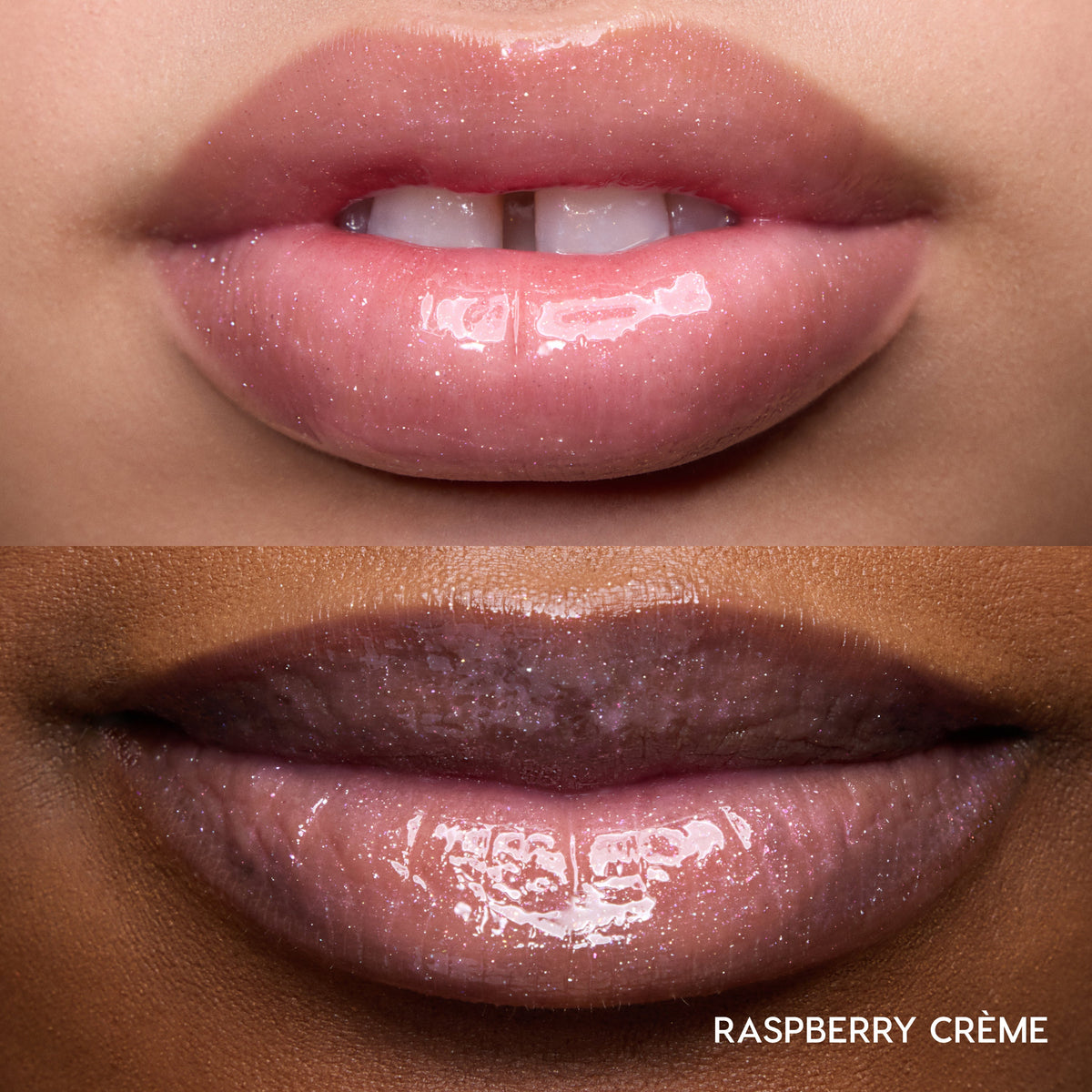 Close-up of two models’ lips wearing Colourpop Fresh Kiss Glossy Balm in Raspberry Crème, showing sheer pink shimmer Lip Gloss & Lip Oil finish on different skin tones against a simple studio background.
