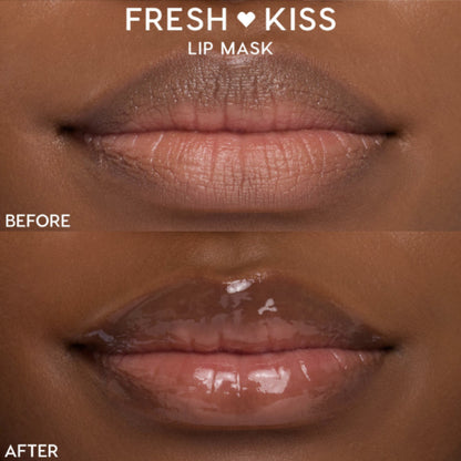 Close-up lips showing before-and-after results from ColourPop Fresh Kiss Lip Mask, turning dry, matte lips into smooth, glossy, hydrated lips; split-screen comparison clearly labeled Before and After.