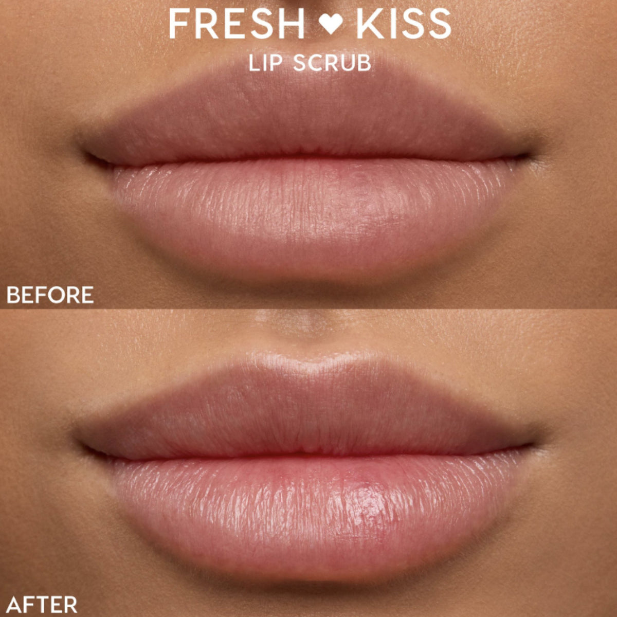 Lips displaying before-and-after results using ColourPop Fresh Kiss Lip Scrub, with the top 'Before' shot showing dry, matte texture and the bottom 'After' shot showing smoother, pinker, glossy lips in a studio close-up.